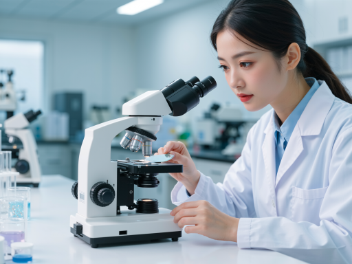 实验室科研人员工作场景,显微镜设备,化学试剂,白大褂科研人员专注操作,体现技术专业性